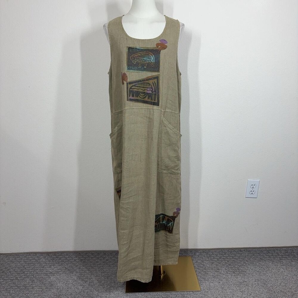 Vintage Focus Dress Womens Small Beige Linen Maxi Pockets Boho 90s Lagenlook